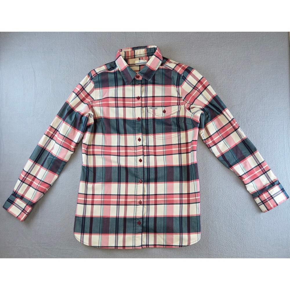 Columbia Omni-Wick Plaid Flannel Button Up Shirt Pink White Womens M Heritage
